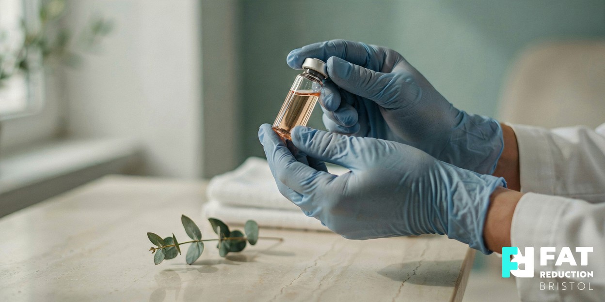 A photograph of a practitioner’s gloved hands holding a small sealed glass medical vial over a clean modern clinic surface in soft natural daylight