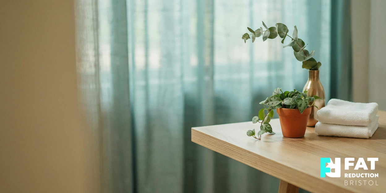 A photographic close-up of a calm modern aesthetic-clinic consultation desk detail with a small potted green plant and a folded soft towel in gentle natural light