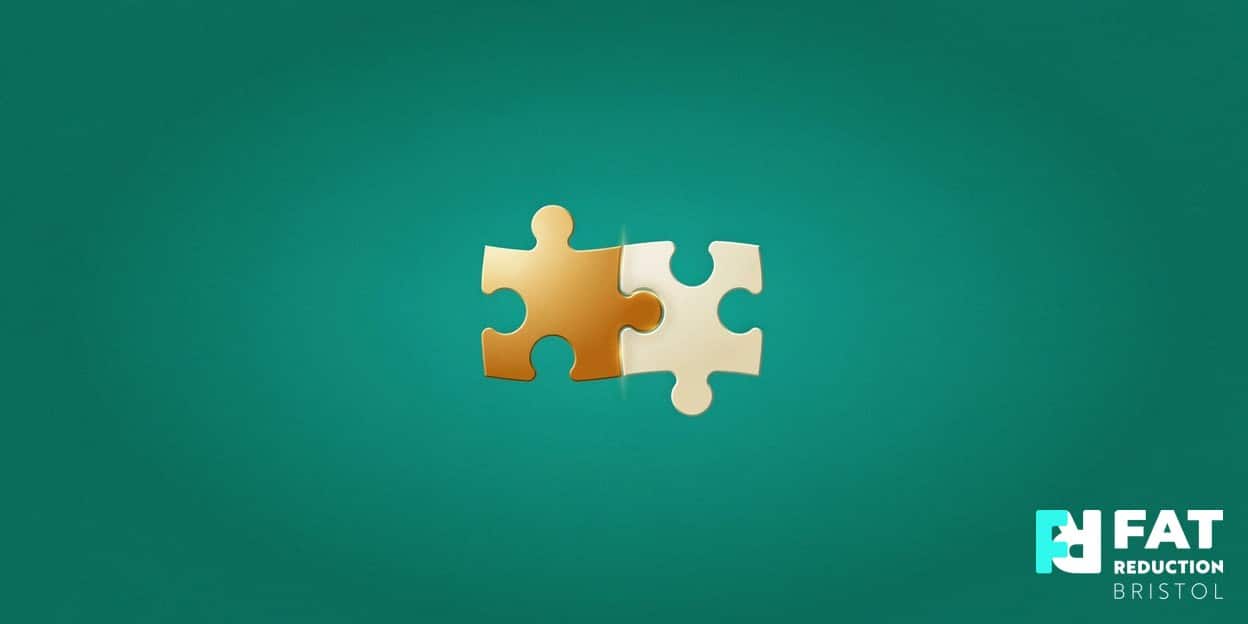 A flat-vector illustration of two interlocking jigsaw puzzle pieces forming a single glowing form, on a bold teal background