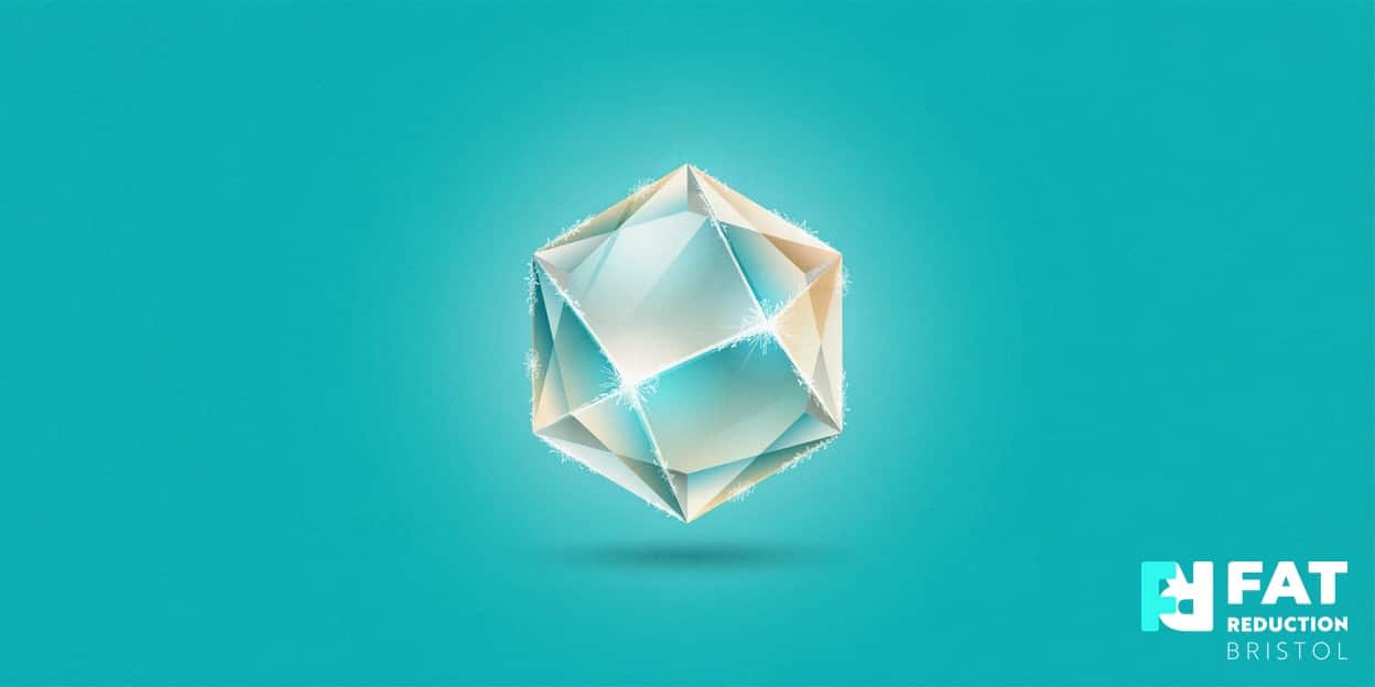 A flat-vector illustration of a single elegant faceted ice crystal with a soft inner glow, on a bold ice-cyan background