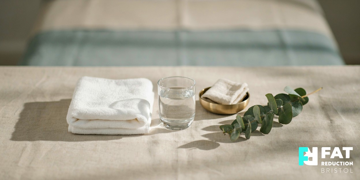 A calm modern aesthetic-clinic detail: a neatly folded soft towel, a small glass of water and a sprig of eucalyptus arranged on a warm neutral treatment surface