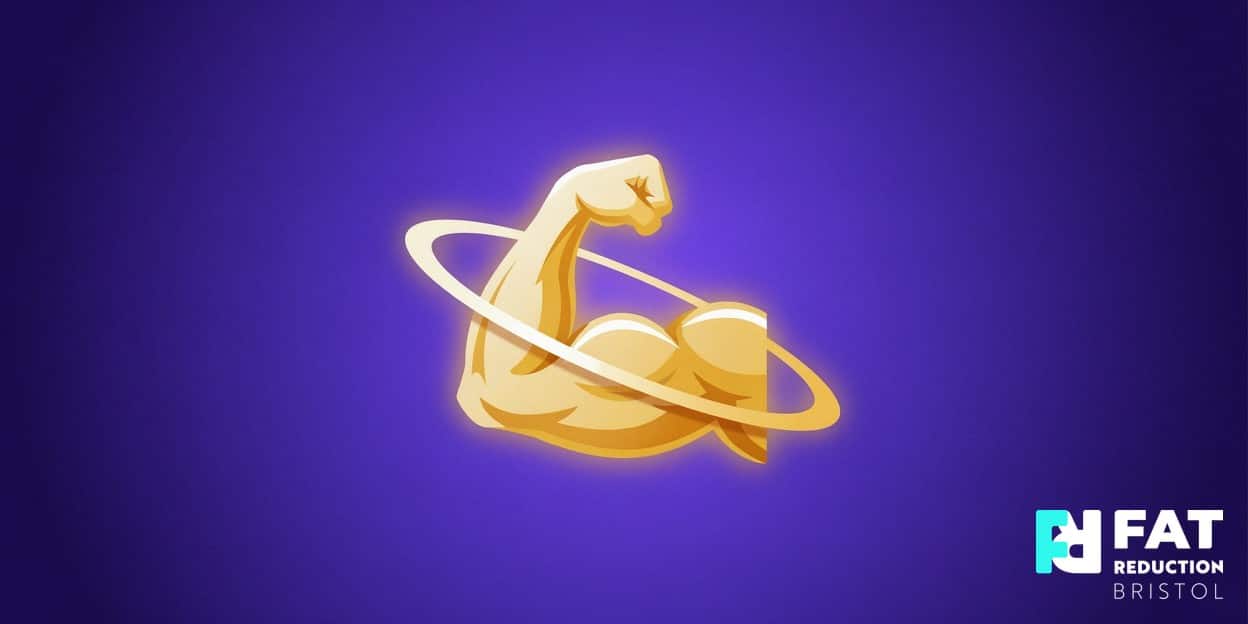 A flat-vector illustration of a single stylised flexed-arm muscle symbol wrapped in a glowing golden electromagnetic pulse ring, on a bold electric-violet background