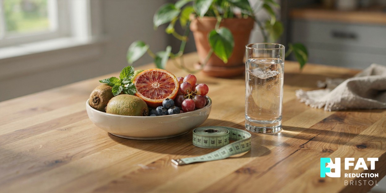 A wooden kitchen table with fresh fruit and vegetables, a glass of water and a loosely coiled tape measure in warm natural daylight