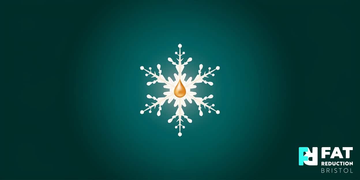 A flat-vector illustration of a single crystalline snowflake cradling a glowing golden droplet, on a bold emerald-green background