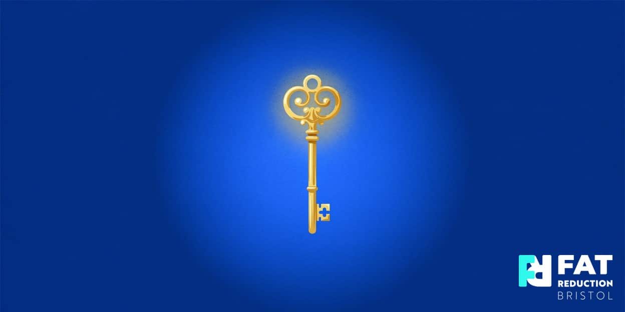 A flat-vector illustration of a single glowing golden key floating in negative space on a bold cobalt-blue background