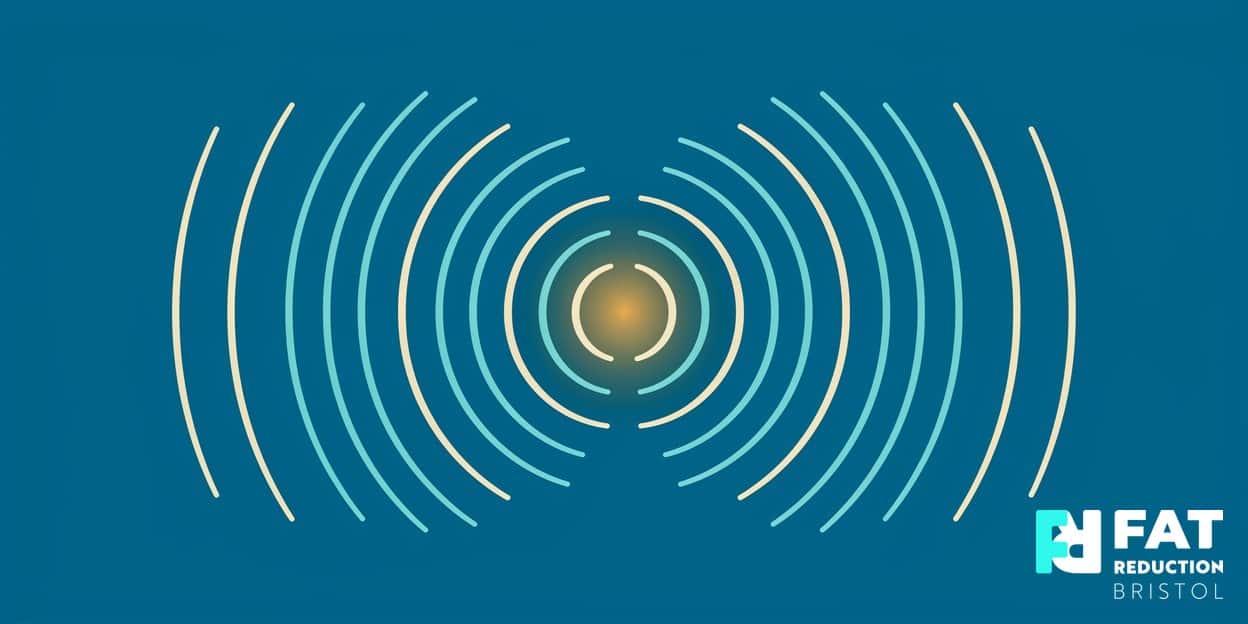 A flat-vector illustration of concentric sound waves converging to a single glowing golden focal point, on a bold deep-teal background