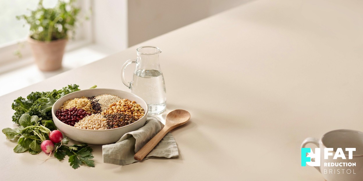 A still life of fresh vegetables, whole grains and a jug of water arranged on a bright kitchen counter