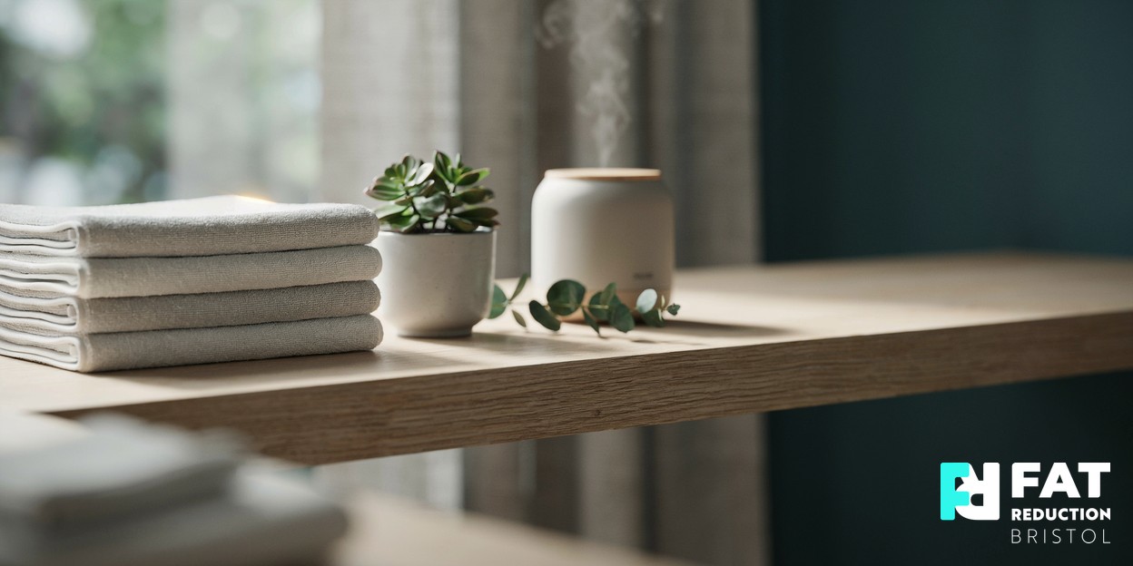 A calm modern clinic counter detail with neatly folded towels and a small potted green plant in soft daylight