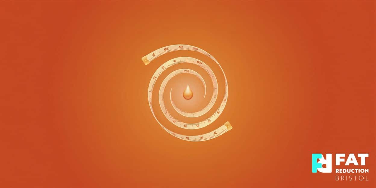 A flat-vector illustration of a slim tape measure curled into a spiral around a single glowing golden droplet, on a bold sunset-orange background