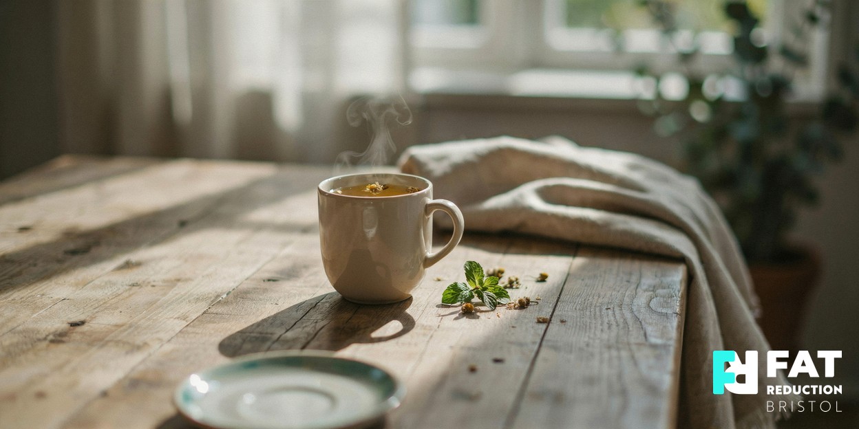 Photograph of a warm cup of herbal tea beside a softly folded blanket on a sunlit table by a window, symbolising rest and gradual recovery