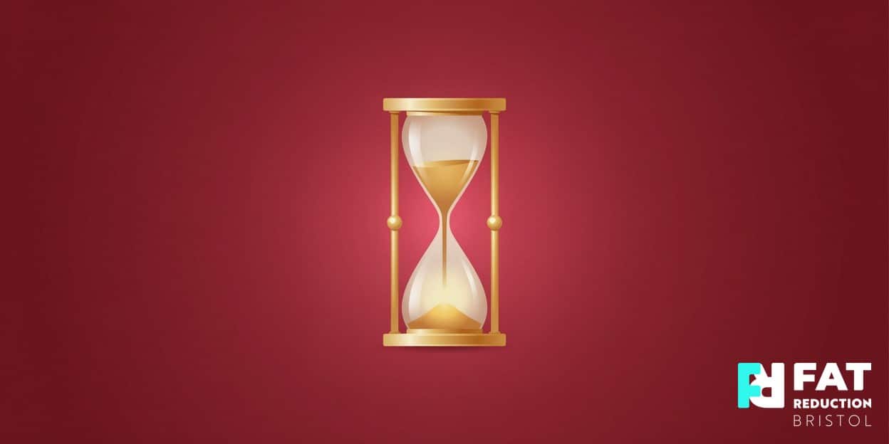 A flat-vector illustration of a single elegant hourglass with golden sand, on a bold deep-ruby background