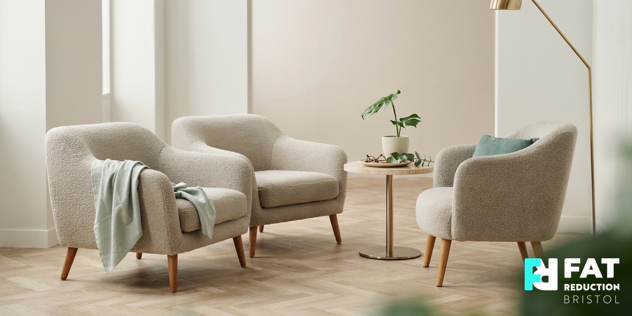 Photograph of a calm, softly lit modern aesthetic-clinic consultation corner with two neutral upholstered chairs, a small side table and a leafy plant, warm minimalist tones