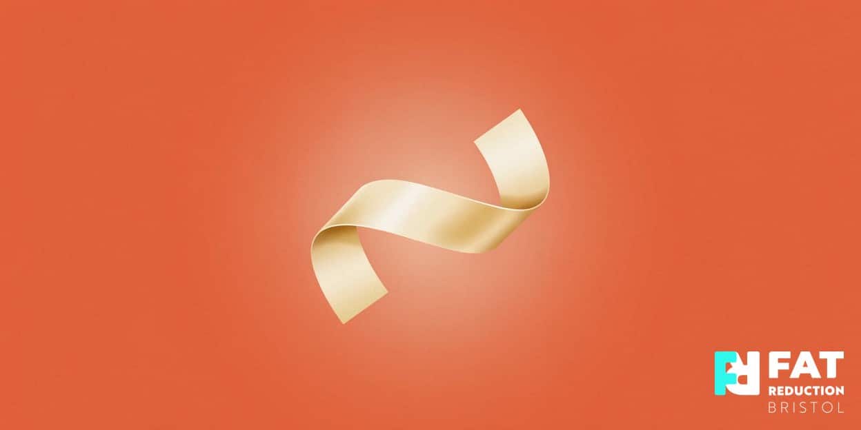 A flat-vector illustration of a single elegant silk ribbon curving into a smooth loop, on a bold warm-coral background
