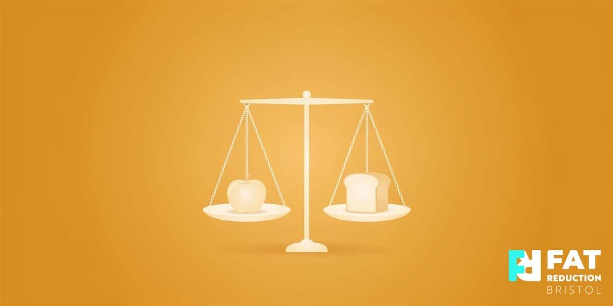 A flat-vector illustration of a balanced set of scales holding a golden apple and a slice of bread, on a bold golden-amber background