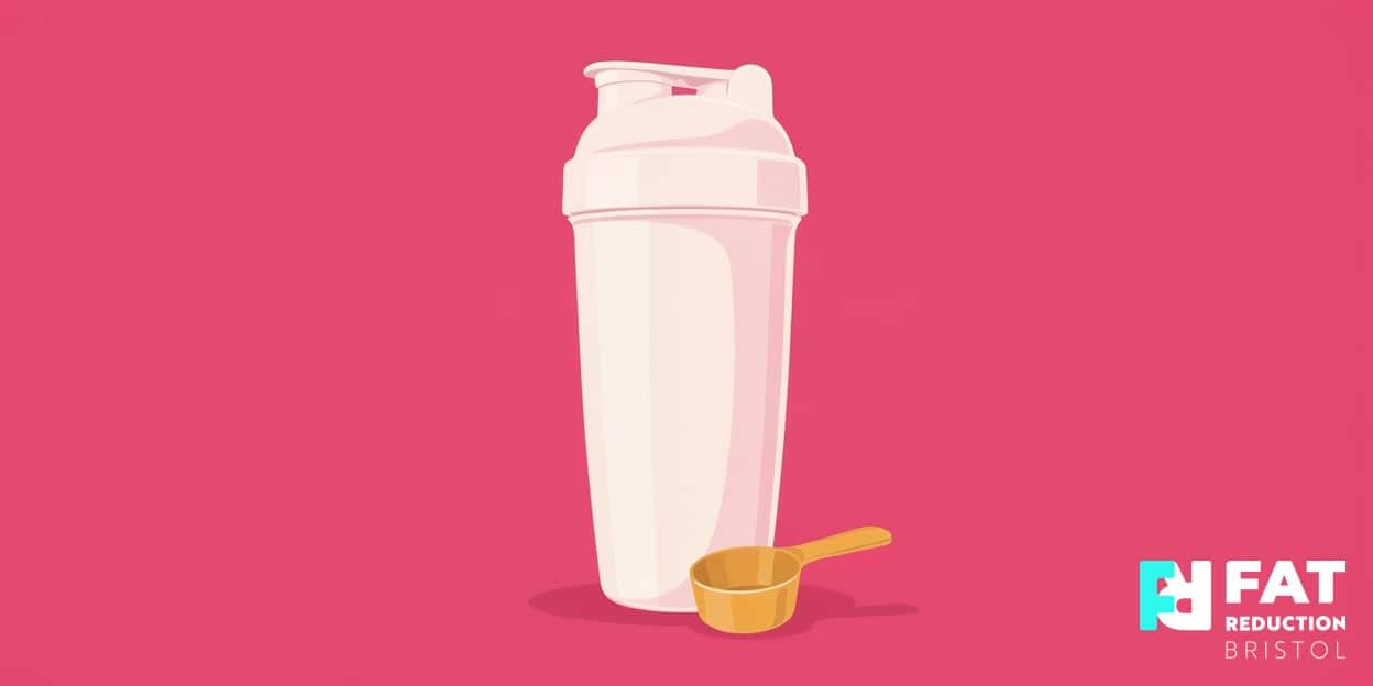 A flat-vector illustration of a single elegant shaker cup with a glowing golden measuring scoop resting beside it, on a bold raspberry-pink background