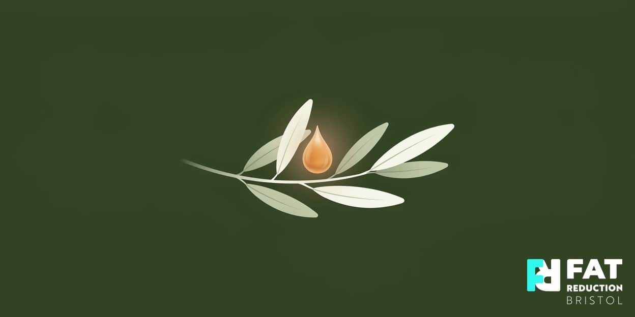 A flat-vector illustration of a single olive branch cradling a glowing golden olive-oil droplet, on a bold olive-green background