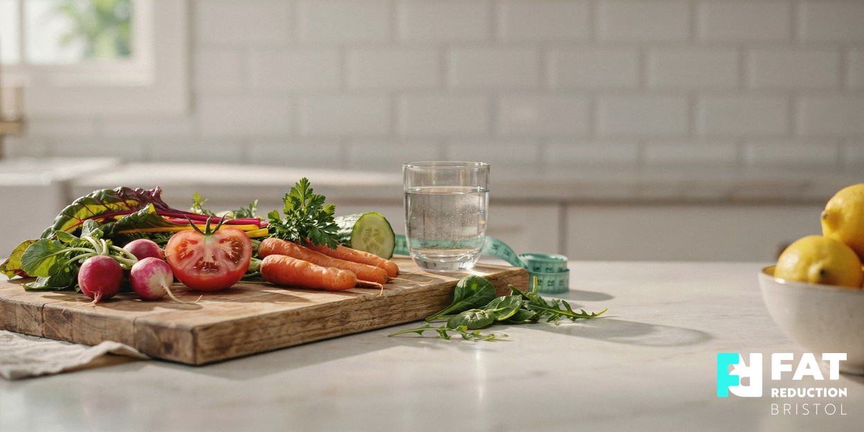 A still-life of a wooden board with fresh colourful vegetables, a glass of water and a measuring tape on a bright kitchen counter
