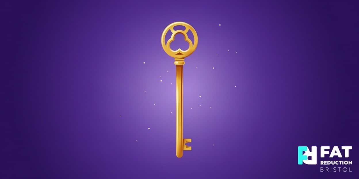 A flat-vector illustration of a single elegant golden key balanced upright on a bold royal-purple background