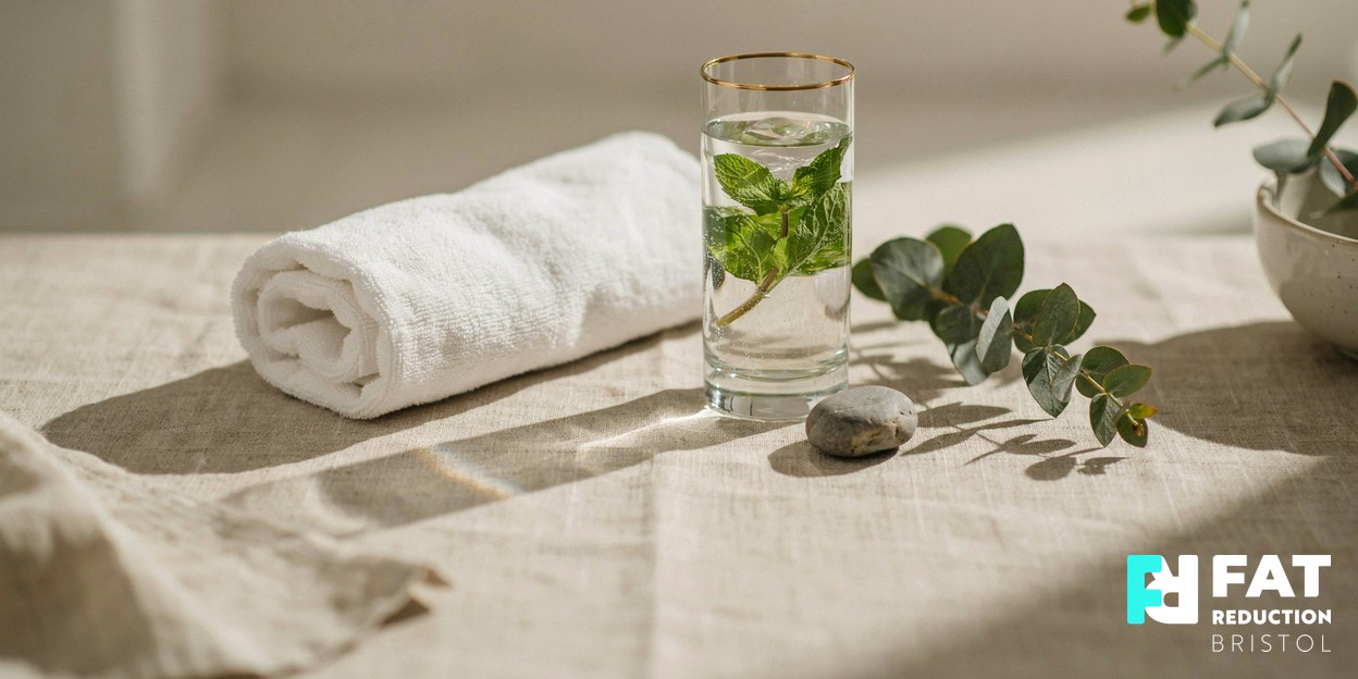 A soft rolled towel, a glass of infused water with mint and a sprig of eucalyptus arranged on a warm neutral spa surface in soft natural daylight
