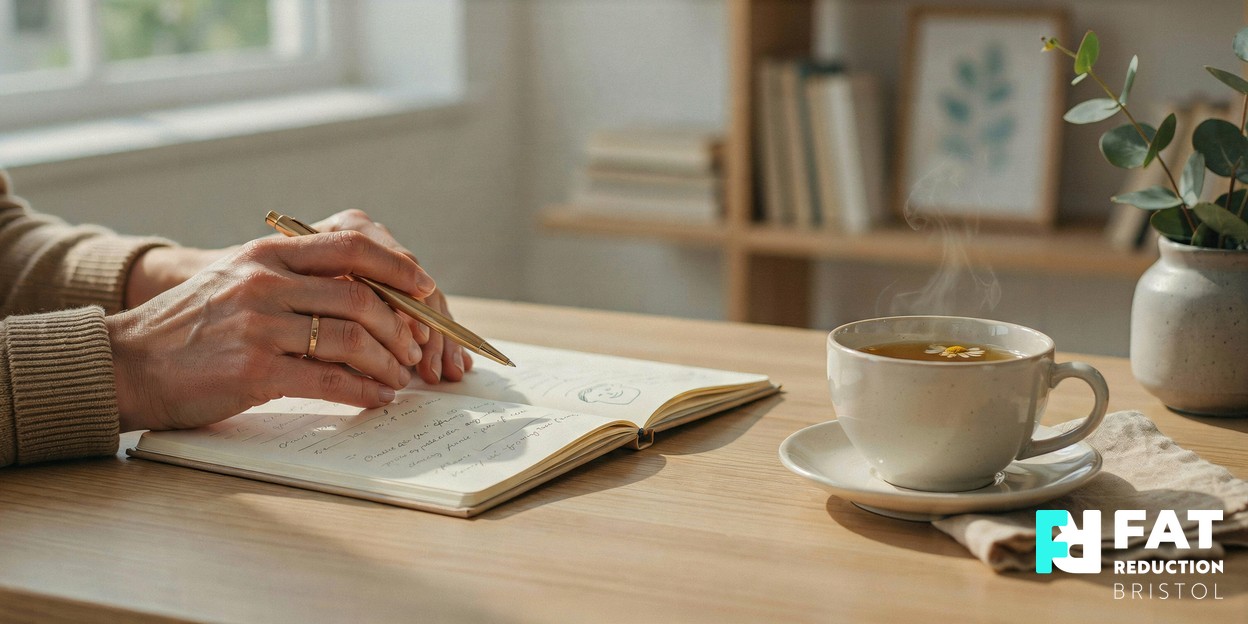 A person’s hands resting on an open notebook beside a cup of herbal tea on a calm modern clinic desk in soft natural daylight