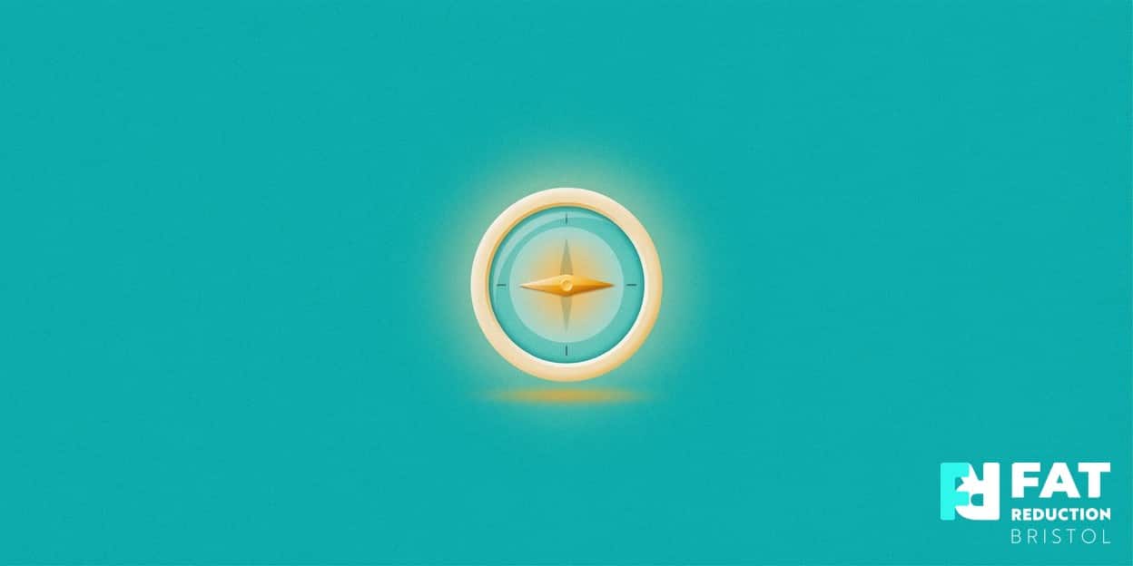 A flat-vector illustration of a single elegant compass with a glowing golden needle, on a bold turquoise background