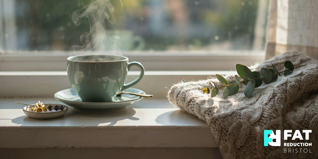 Photograph of a steaming cup of herbal tea beside a folded knitted blanket on a sunlit windowsill in soft morning light