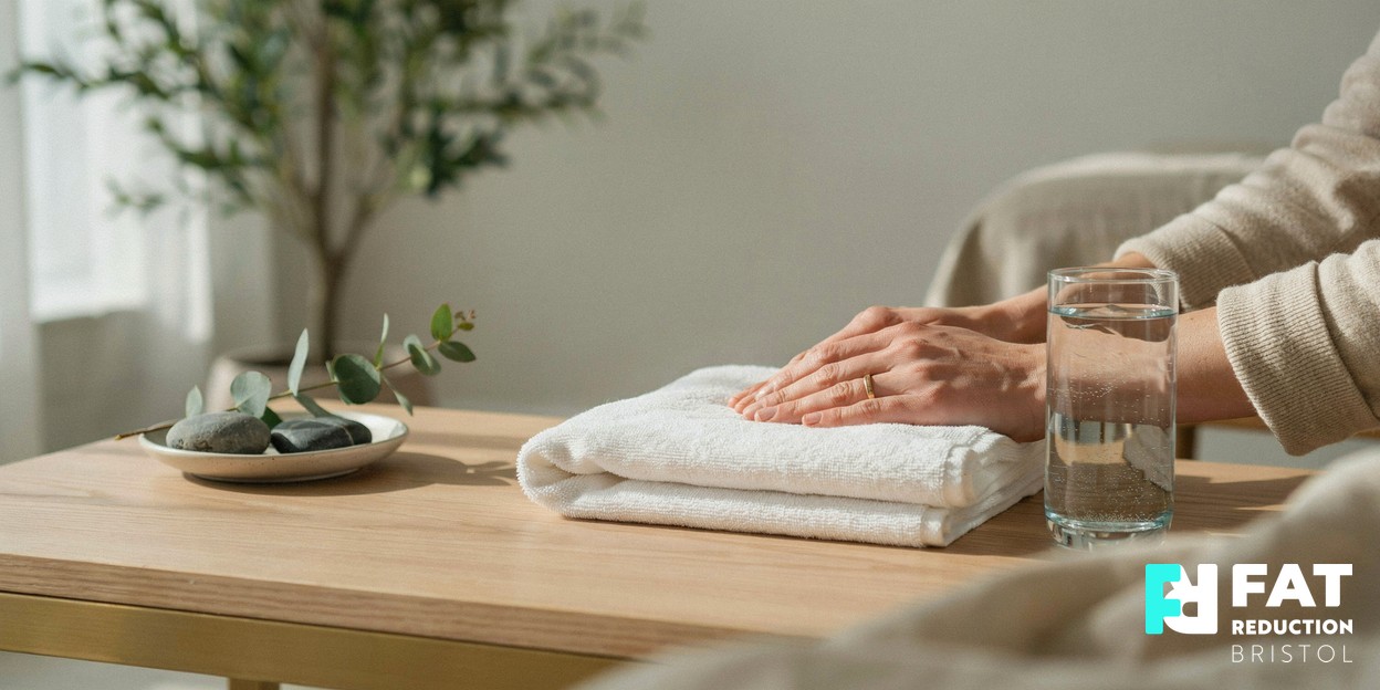 A person’s relaxed hands resting on a folded soft towel beside a glass of water on a calm clinic side table, in soft natural daylight