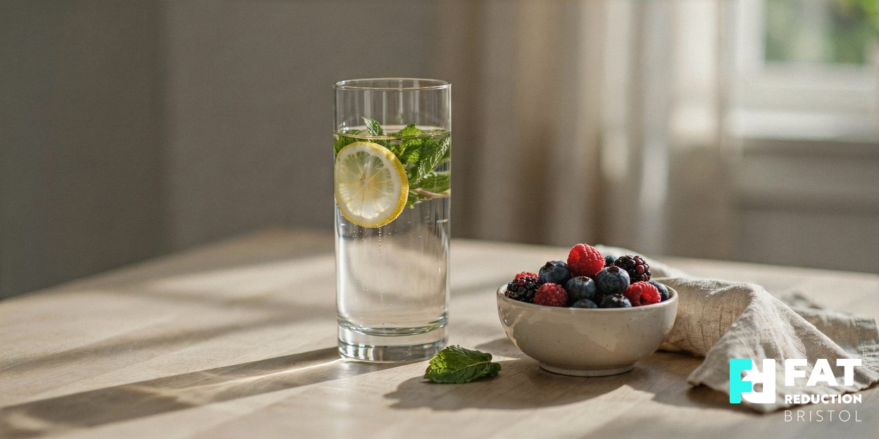 A still-life of a tall glass of infused water with fresh mint and lemon beside a small bowl of berries on a pale wooden table in soft daylight