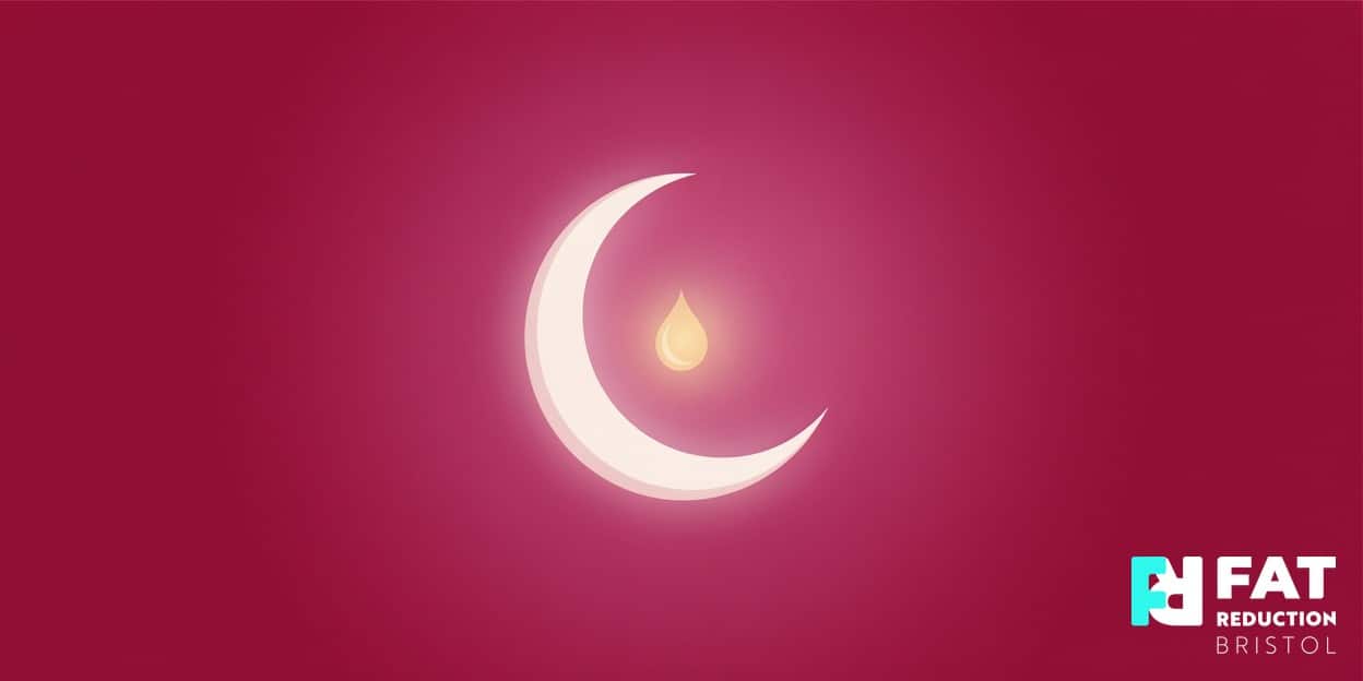 A flat-vector illustration of a single glowing cream crescent moon curving around a small golden droplet, on a bold deep-magenta background