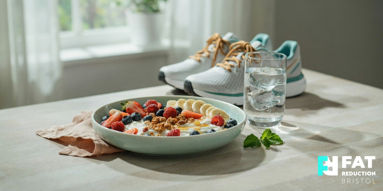 A still-life photograph of a fresh healthy breakfast bowl, a glass of water and a pair of running shoes on a bright sunlit kitchen counter