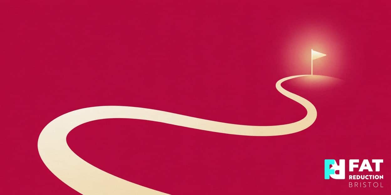 A flat-vector illustration of a winding path leading to a glowing golden flag marker, on a bold rich fuchsia background