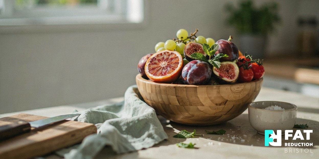 A wooden bowl of fresh colourful vegetables and fruit on a sunlit kitchen counter